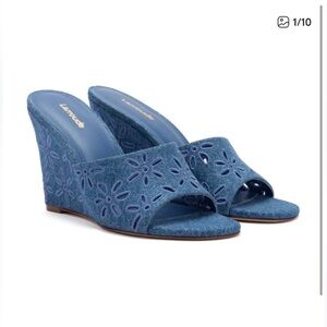 Larroude Jackie Denim Floral Wedges